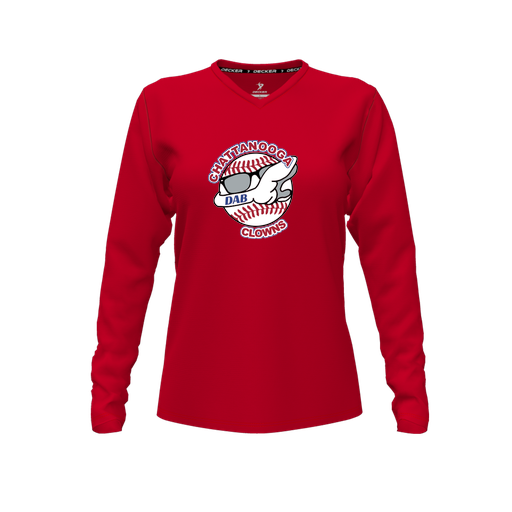 [CUS-DFW-TEES-CMF-VNK-LSL-RED-FYXS-LOGO1] Decker Comfort T-Shirt (Female Youth XS, Red, V Neck, Logo 1, Long Sleeve)