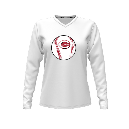 [CUS-DFW-TEES-PER-VNK-LSL-WHT-FYXS-LOGO2] Decker Performance T-Shirt (Female Youth XS, White, V Neck, Logo 2, Long Sleeve)