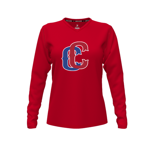 [CUS-DFW-TEES-PER-VNK-LSL-RED-FYXS-LOGO3] Decker Performance T-Shirt (Female Youth XS, Red, V Neck, Logo 3, Long Sleeve)